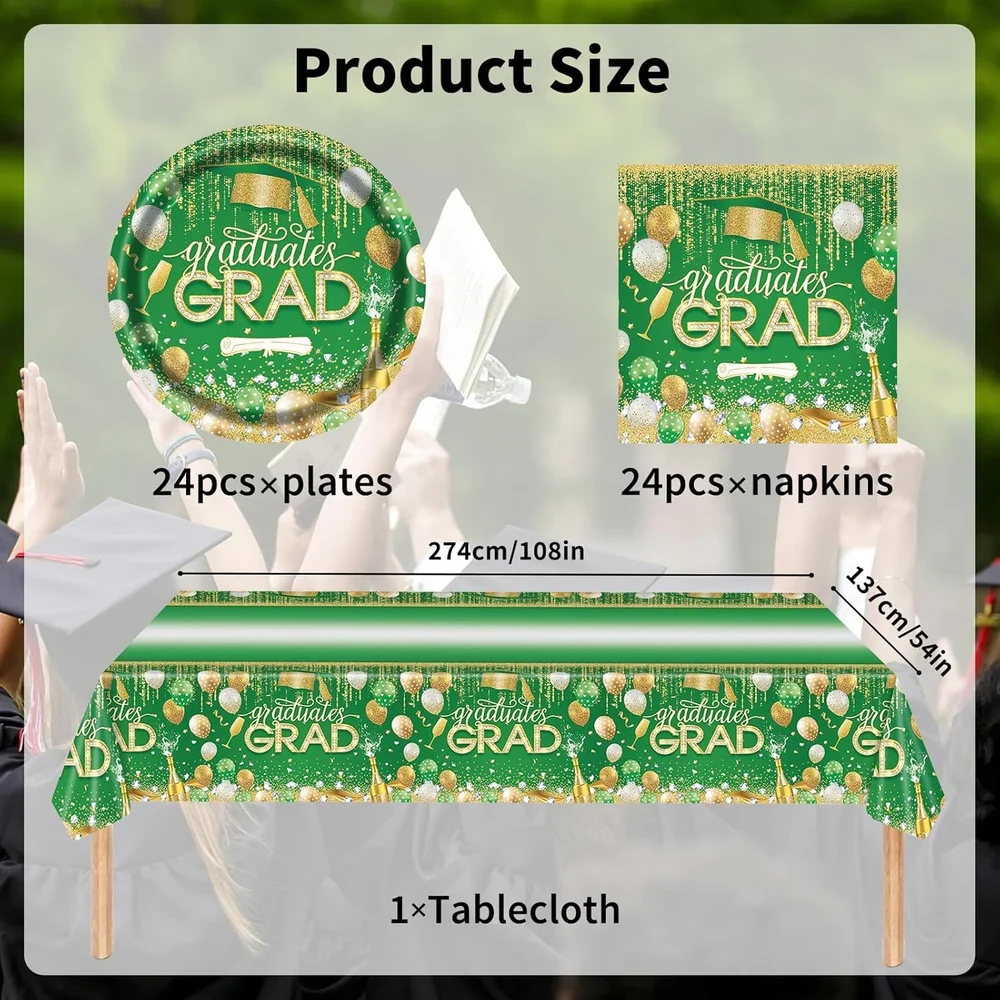 Graduation Party Supplies Disposable Tableware Set - Green and Gold